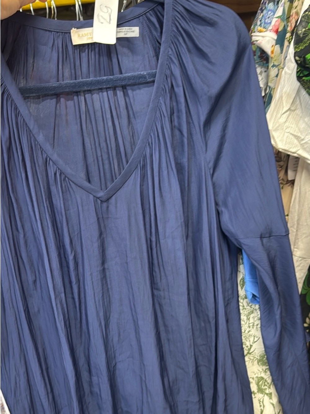 Ramy Brook Blue V-Neck Long Sleeve Pleated Top